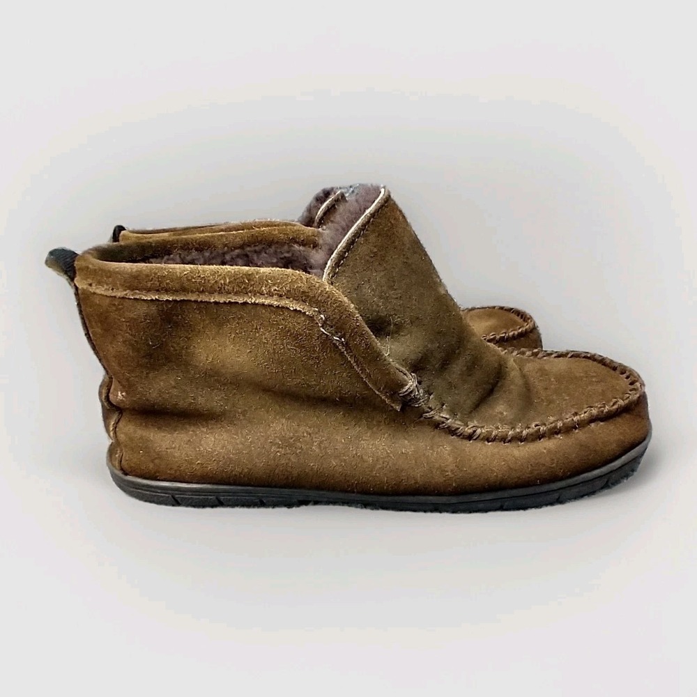 Lands End Mens 9 Brown Suede Shearling Lined Moccasin Bootie Slippers 501739